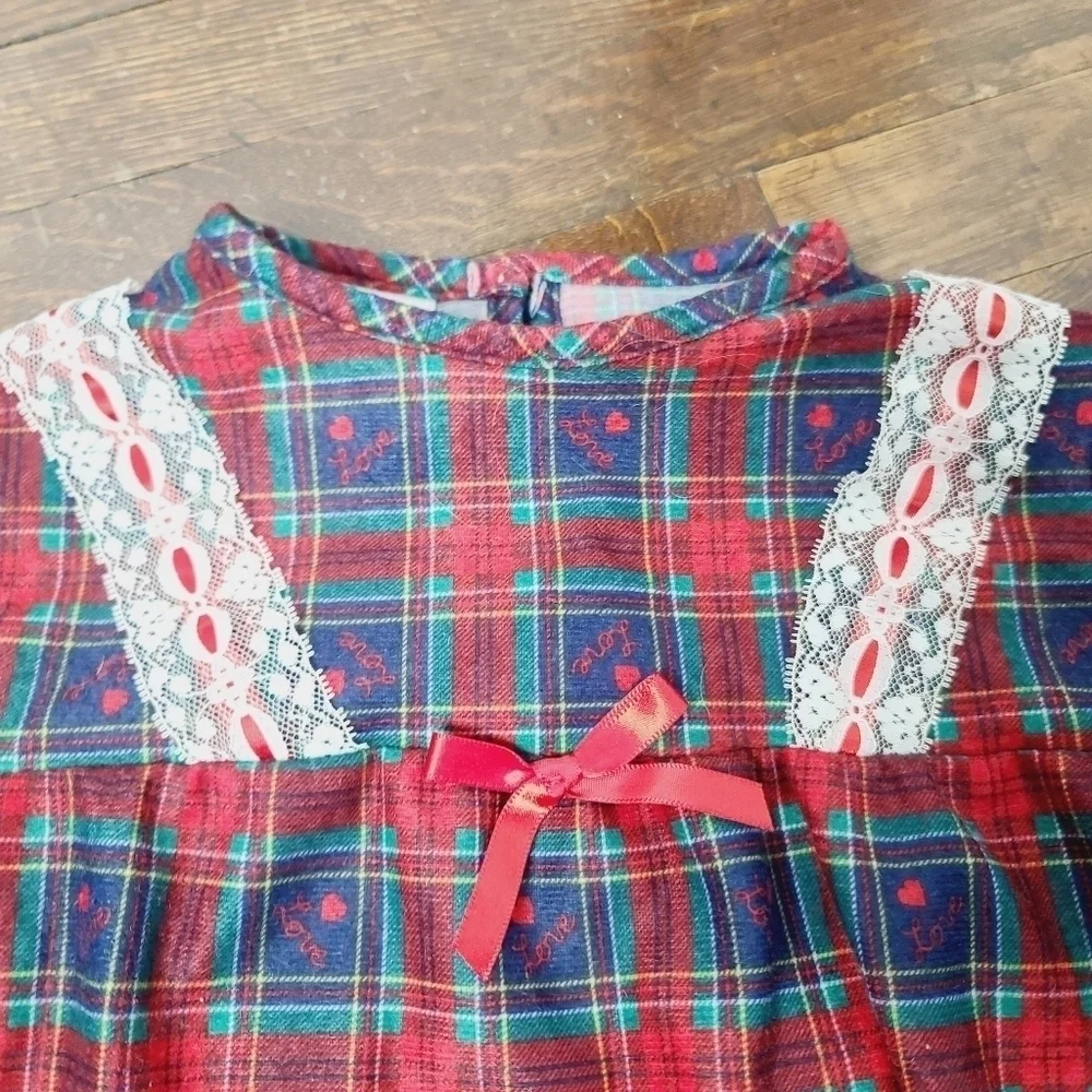 Vintage 90s Girls Red Green Plaid Hearts Ruffle Night Gown Dress size 4
